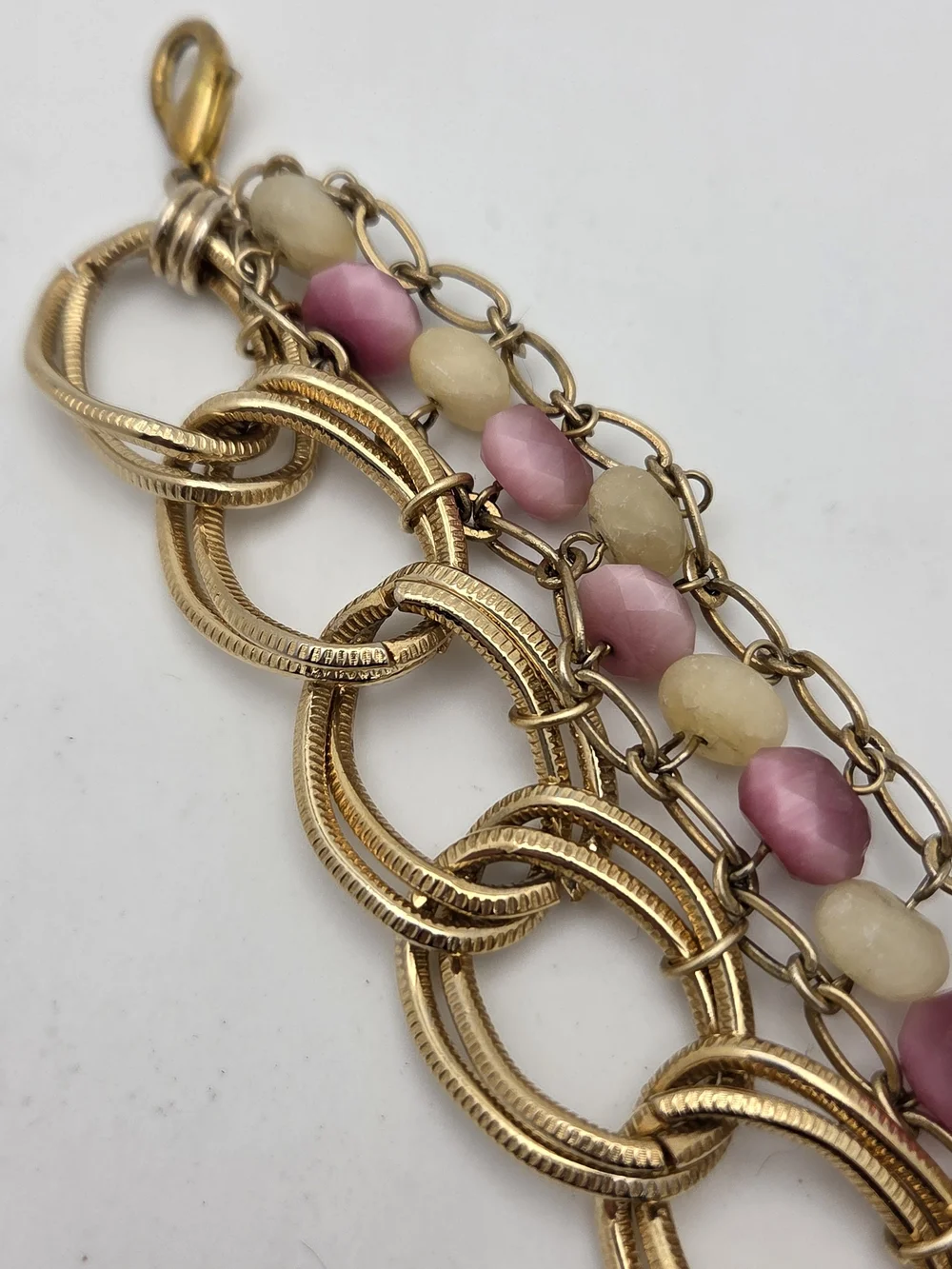 Vintage Multi-Strand Statement Bracelet Gold Tone Chunky Link Pink Cream Glass